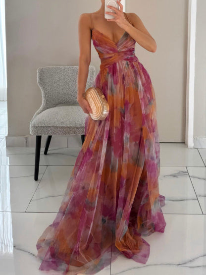Ayla - Elegant Painted Floral Print V-Neck Dress