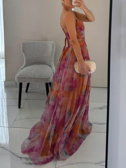 Ayla - Elegant Painted Floral Print V-Neck Dress