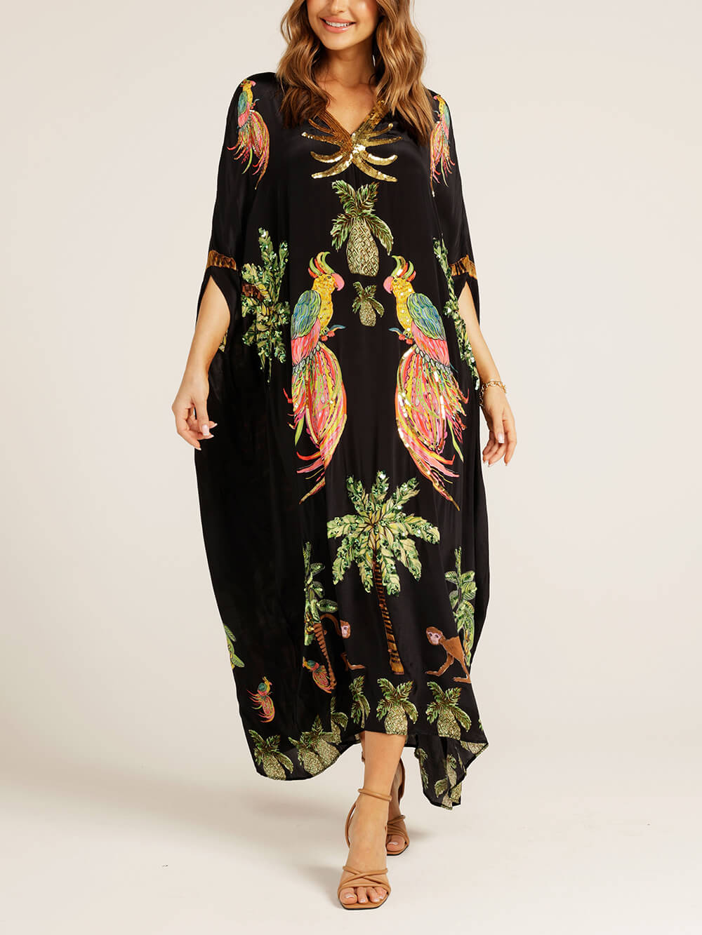 Estella - Unique Drop Shoulder Sleeve Coconut Tree Printed Dress