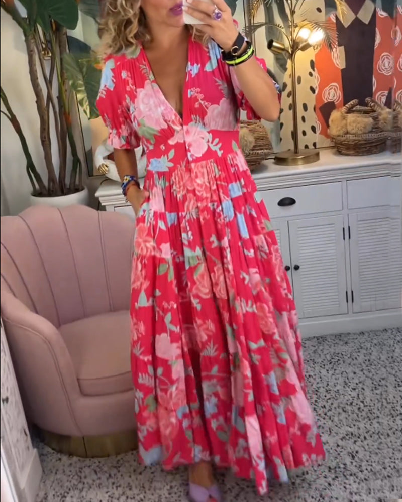 Catrisa - Floral Print V-neck Pocket Dress