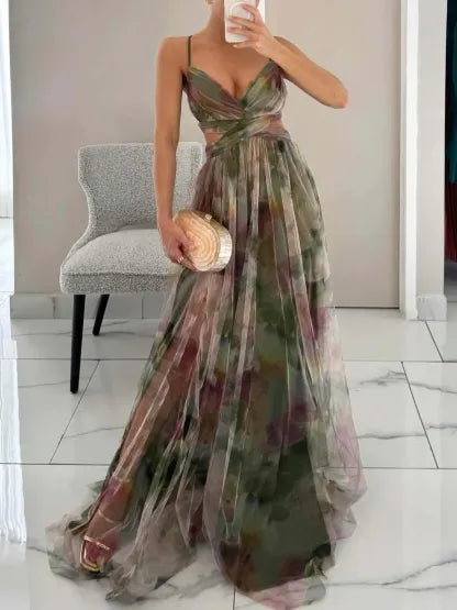 Ayla - Elegant Painted Floral Print V-Neck Dress
